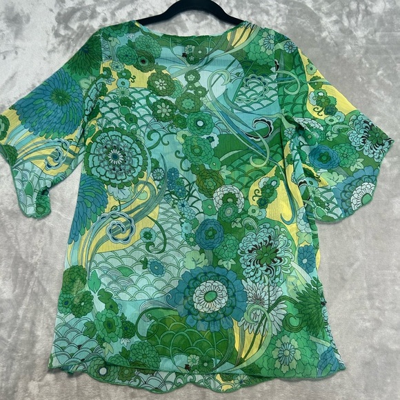H&M Sheer Floral Blouse Top Women’s 12 Green Oriental Asian Inspired - Picture 2 of 9